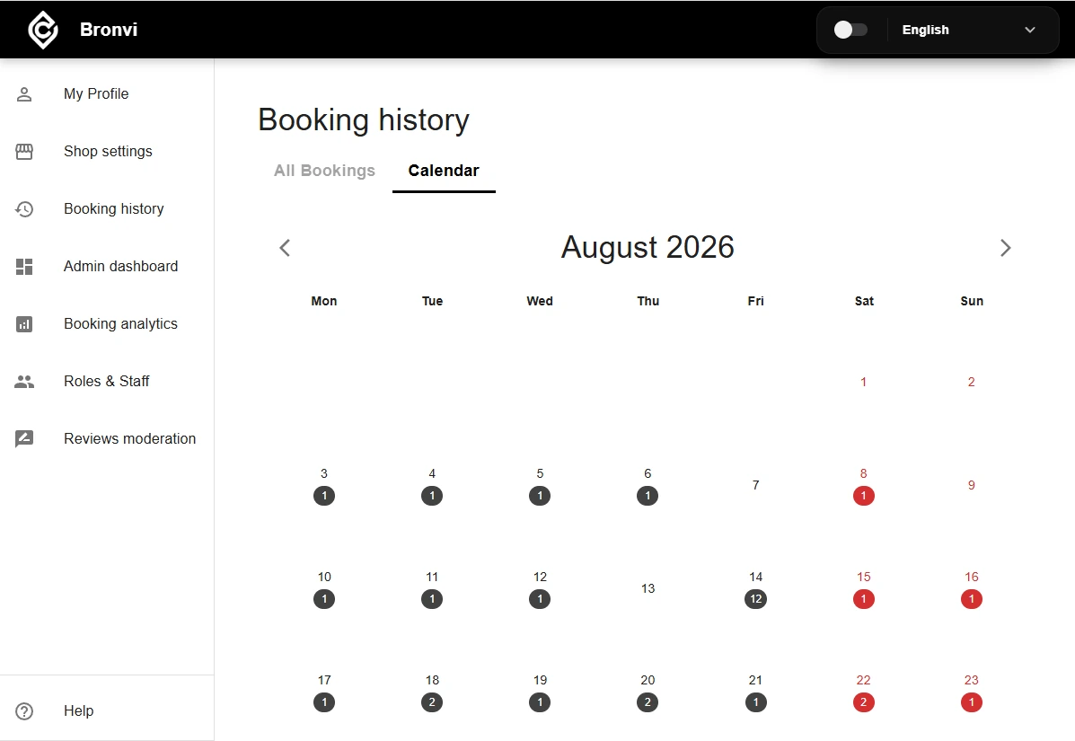 Bronvi booking history calendar