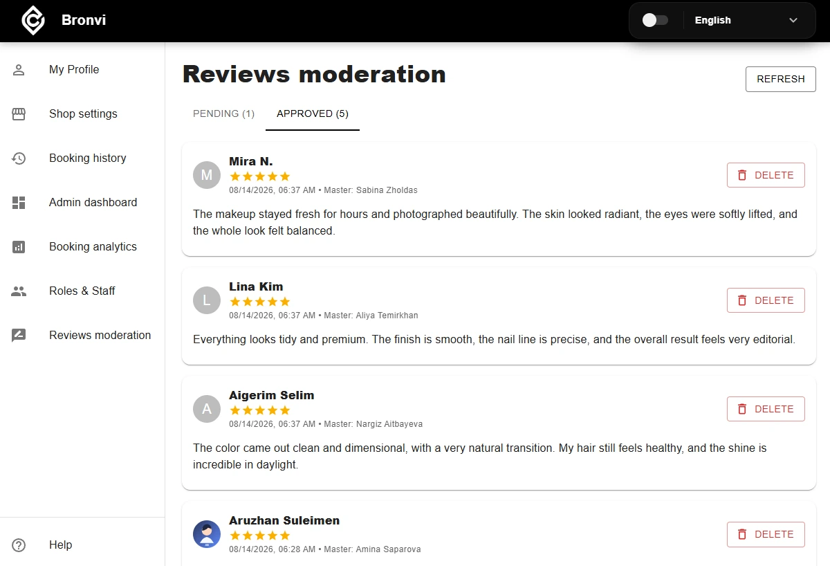 Bronvi reviews moderation screen