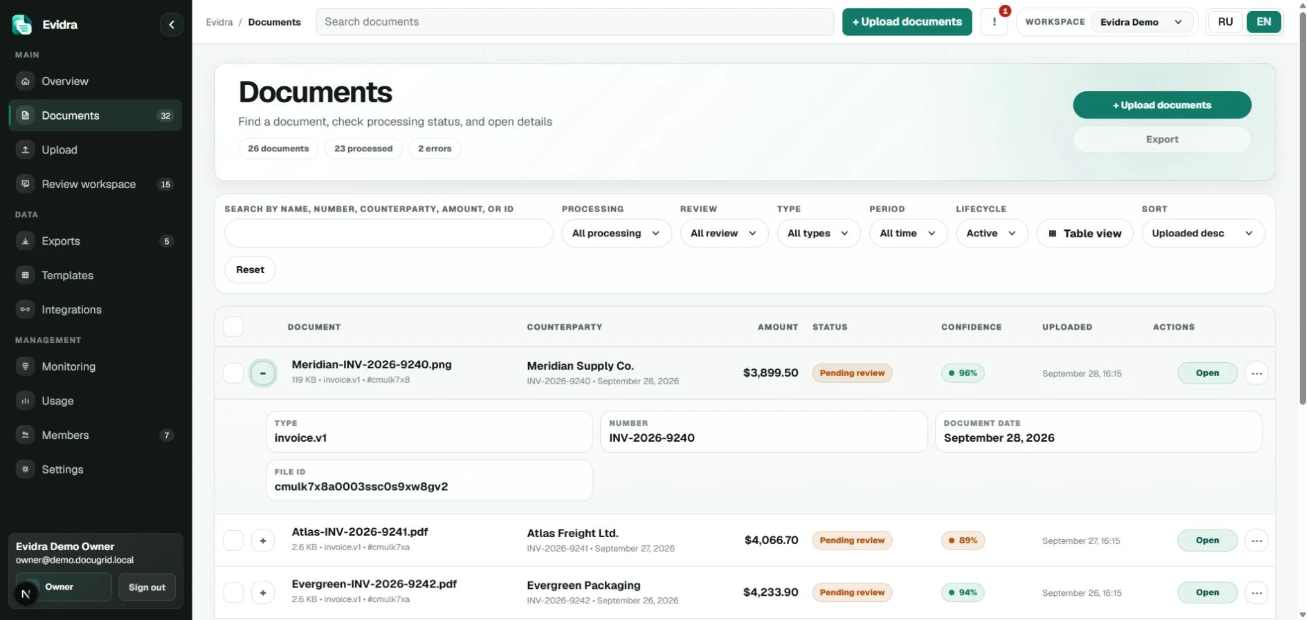 Supplier invoices with filters, confidence indicators, and expanded document metadata