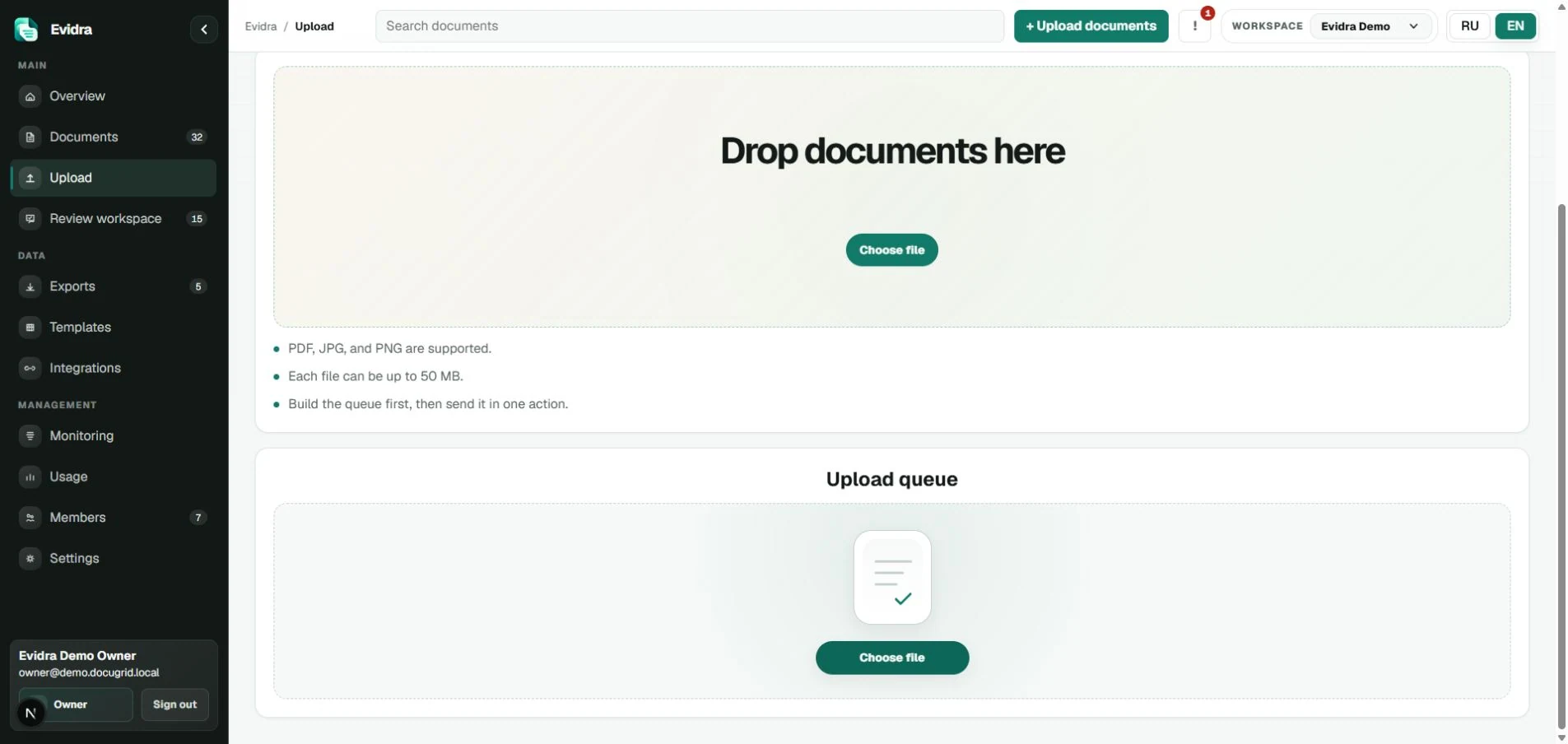 Evidra document upload queue with per-file processing settings