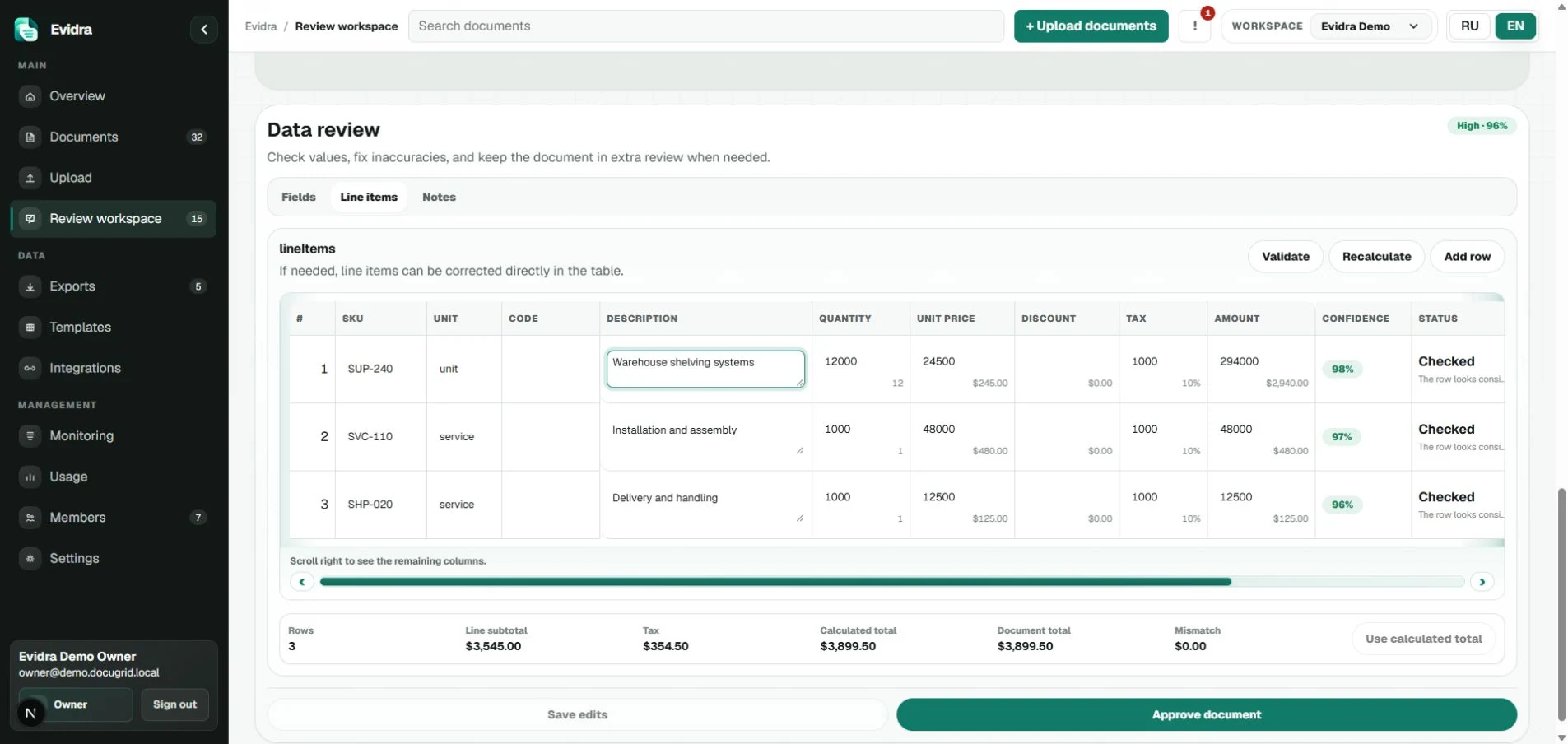 Editable invoice line items with quantities, prices, and totals validation