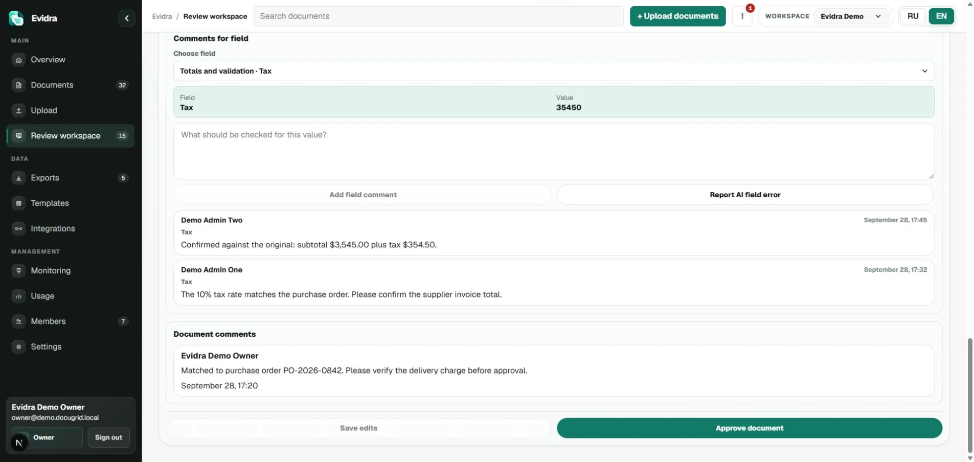 Comments attached to a selected invoice field with authors and timestamps