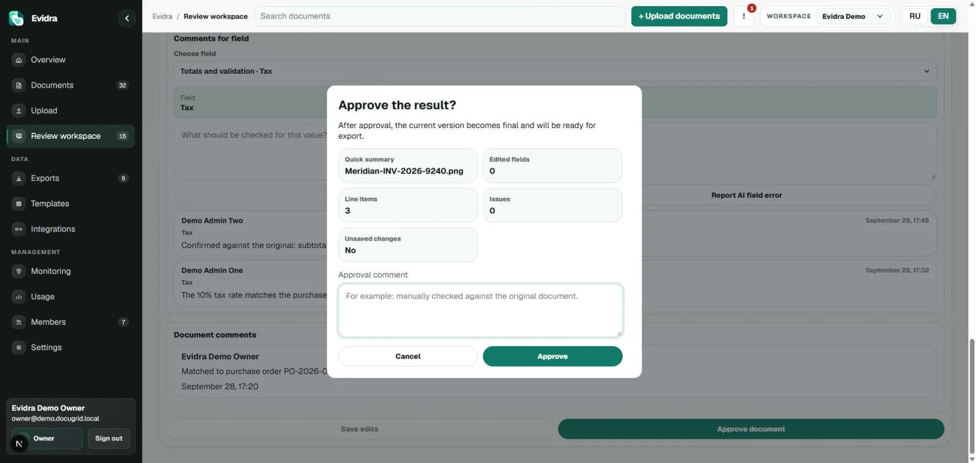 Evidra approval dialog with a review summary and reviewer comment