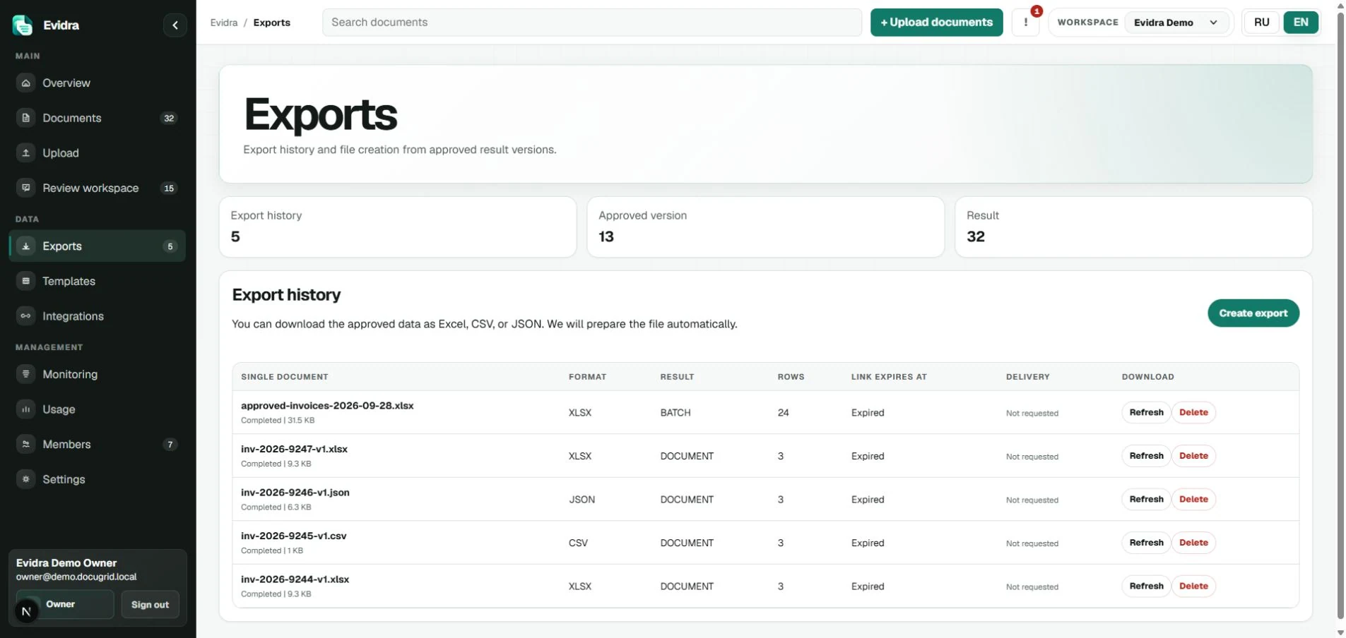 Evidra exports with formats, documents, and download actions